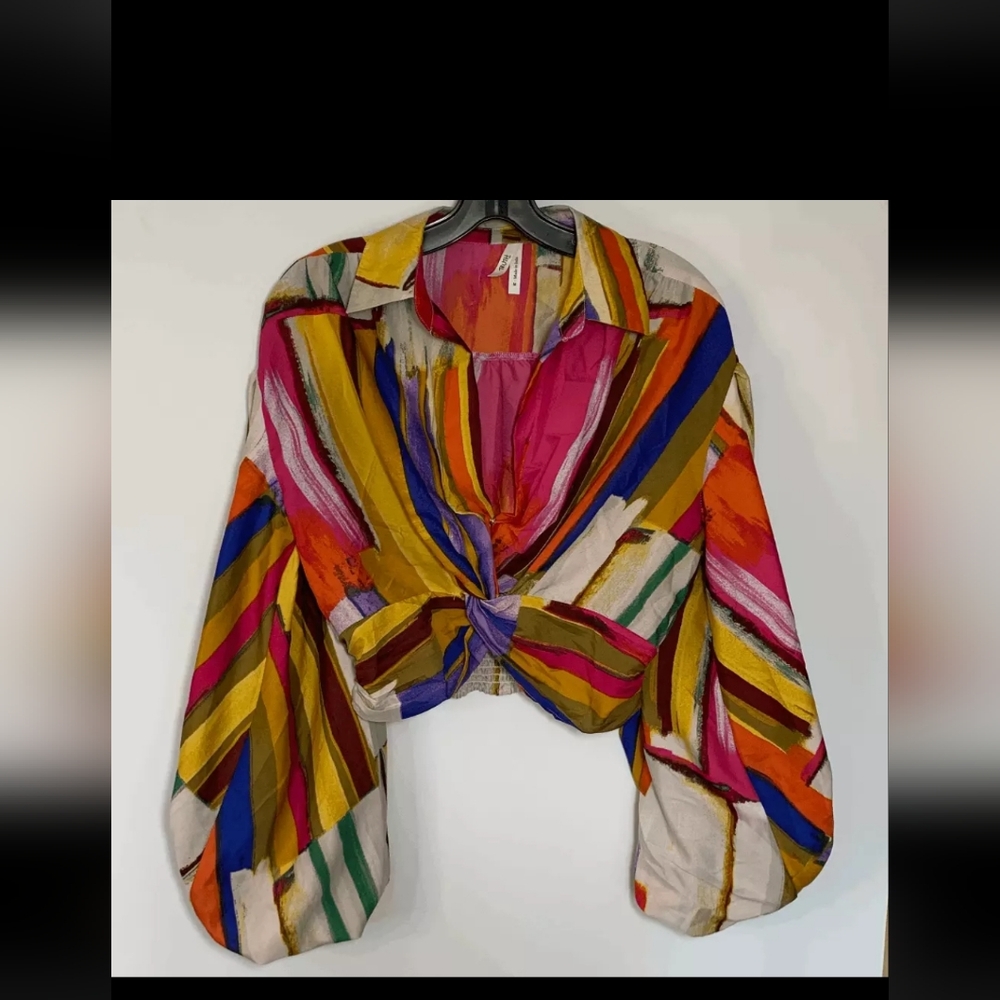 Truth NYC Women's Crop Top Balloon Long Sleeve Retro Multicolor Geometric Medium